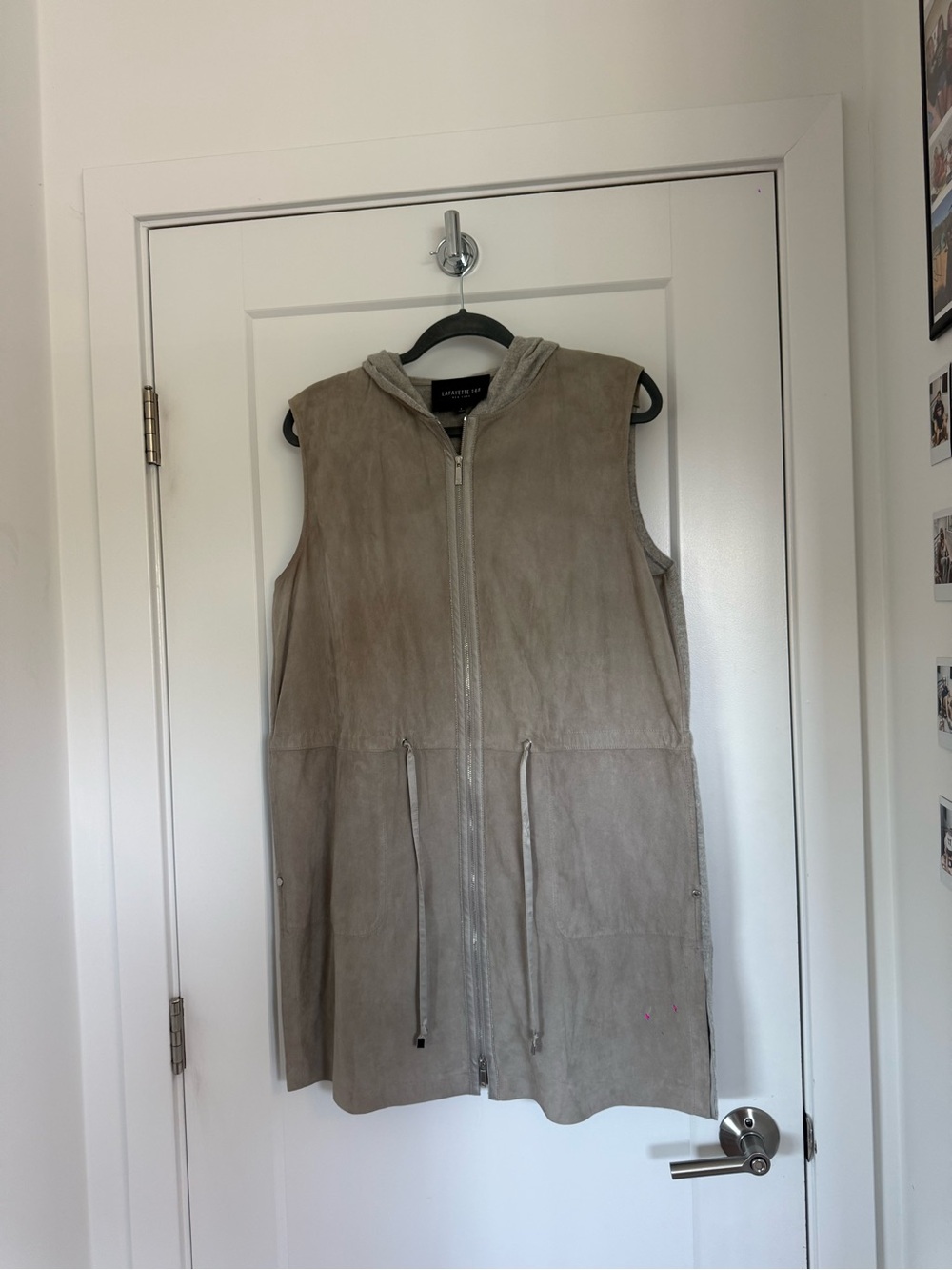 Lafayette 148 New York Suede Hooded Long Vest Taupe Knit Zip Size L